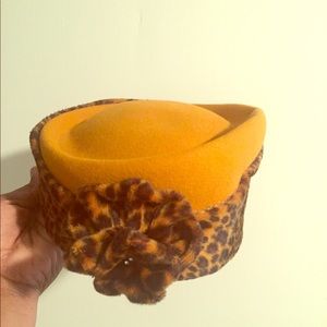 Hat with leopard accents.
